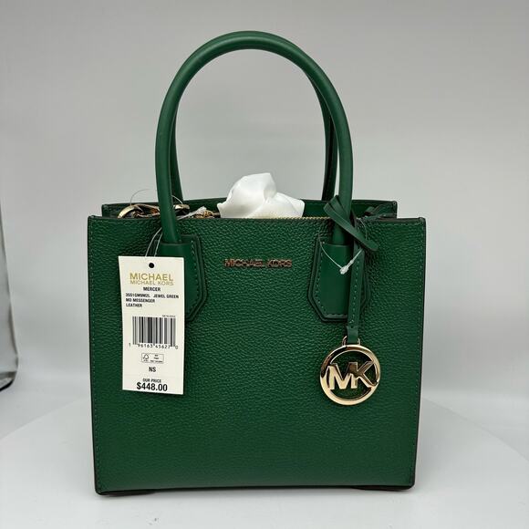 NWT Michael Kors Mercer Medium Pebbled Jewel Green Leather Crossbody Small Purse - Picture 2 of 14